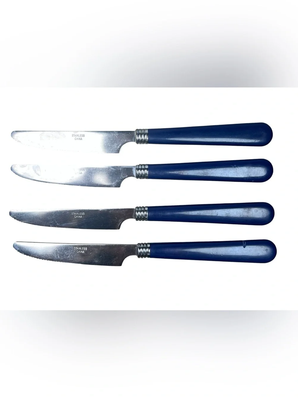 Gibson VTG Blue Plastic Handle 4 Dinner / Butter Knife Stainless Flatware Retro